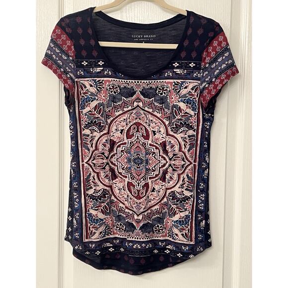 Lucky Brand Scoop Neck Cap Sleeve T-Shirt Size Small Navy Blue Boho Mandala - Picture 1 of 6